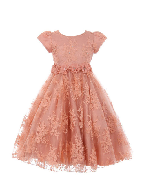 Big Girls Dusty Pink French Chantilly Lace T-Length Junior Bridesmaid Dress 8-12 - SophiasStyle.com